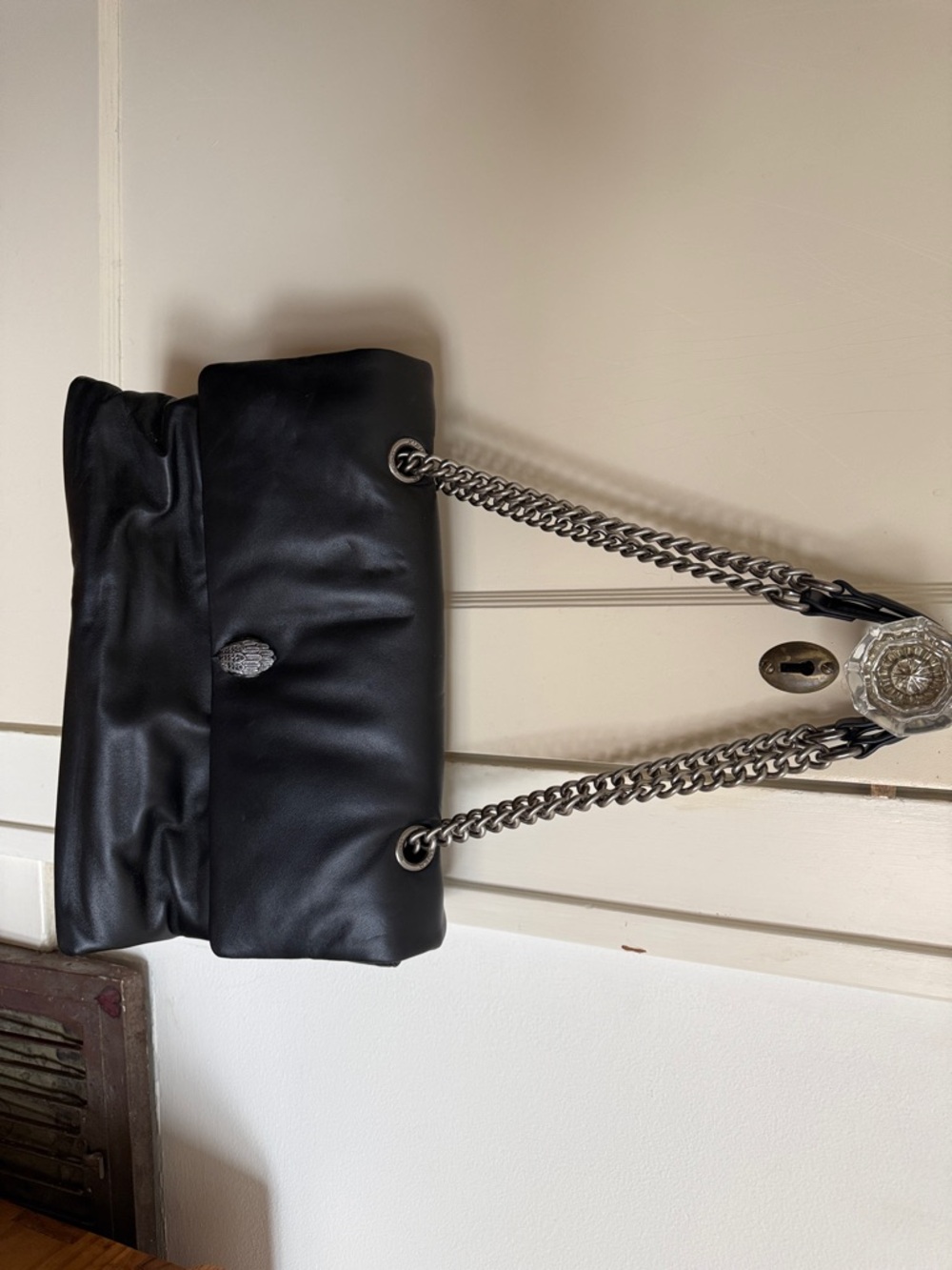 Black Leather Shoulder Bag with Silver Chain Straps. Kurt Geiger